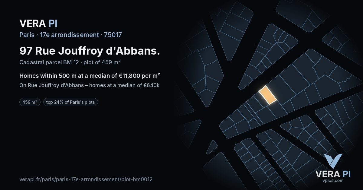 97 Rue Jouffroy d'Abbans, 17e arrondissement at night – the plot lit, the parcels around coloured by the prices near them