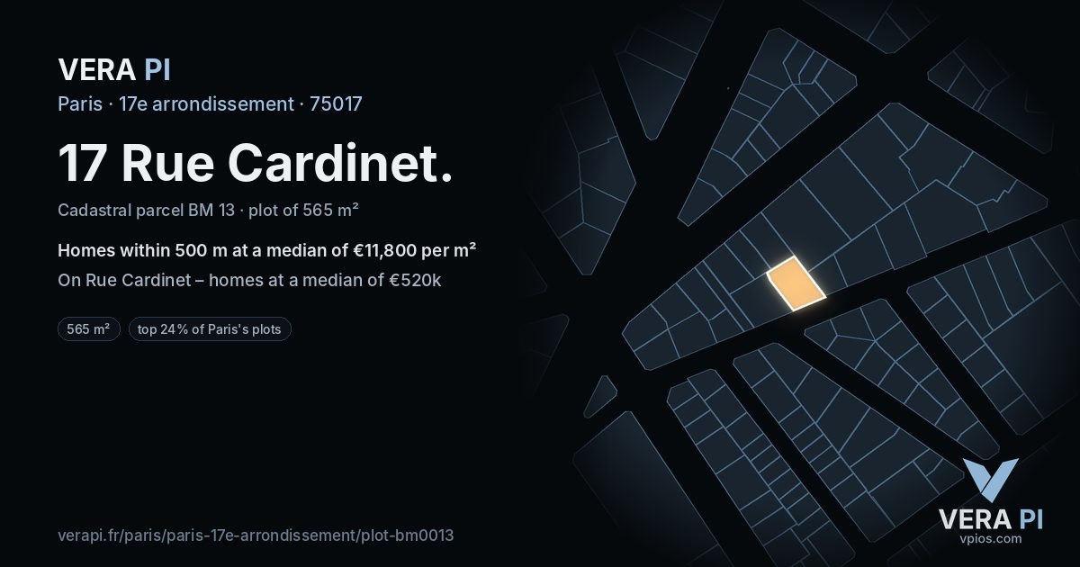 17 Rue Cardinet, 17e arrondissement at night – the plot lit, the parcels around coloured by the prices near them