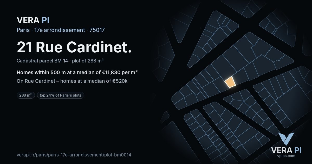 21 Rue Cardinet, 17e arrondissement at night – the plot lit, the parcels around coloured by the prices near them