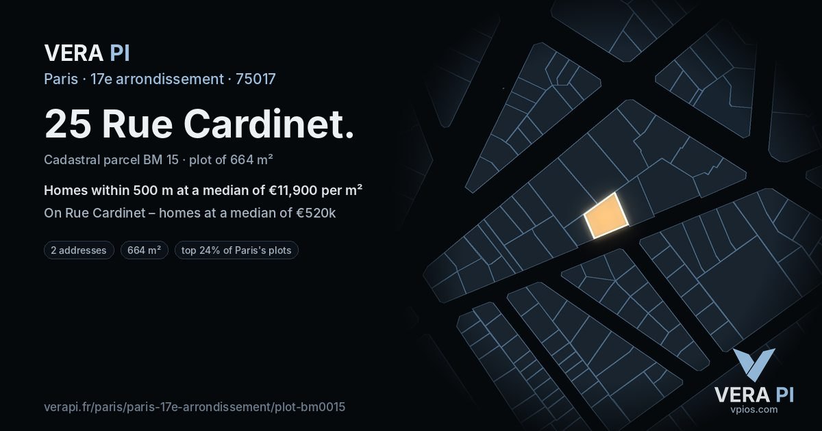 25 Rue Cardinet, 17e arrondissement at night – the plot lit, the parcels around coloured by the prices near them