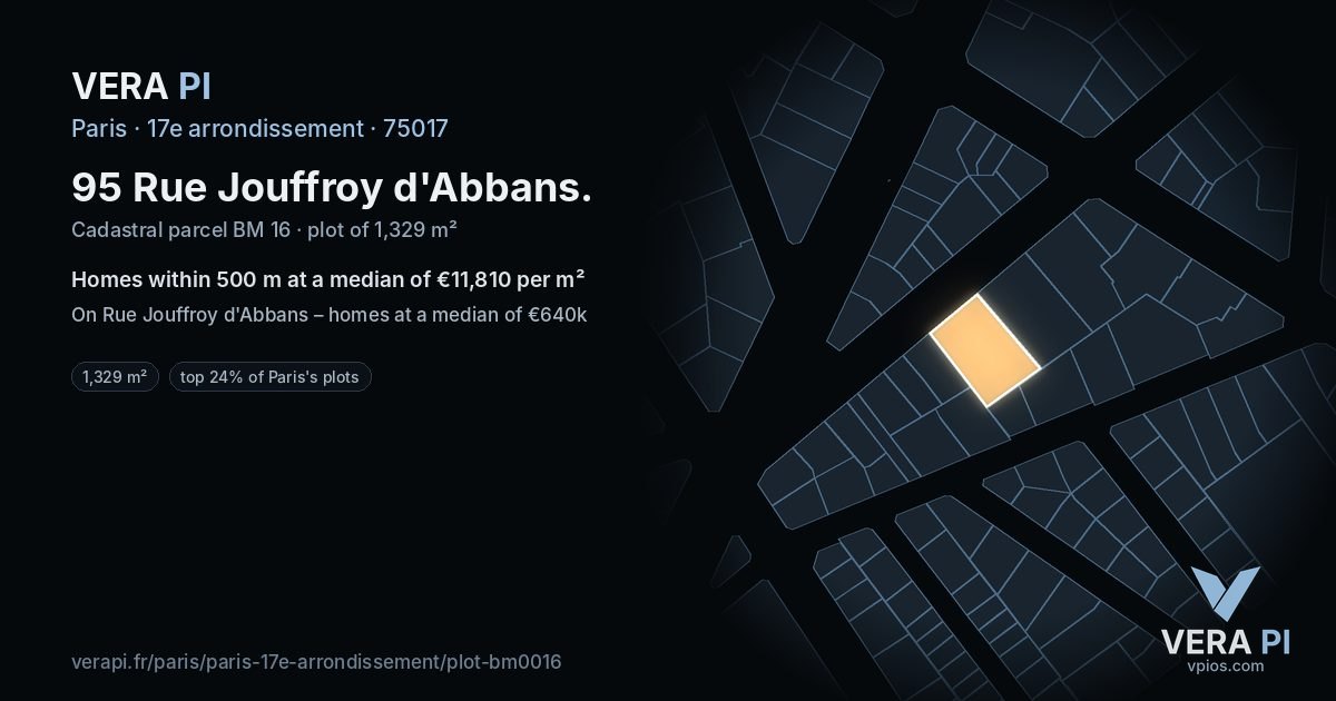 95 Rue Jouffroy d'Abbans, 17e arrondissement at night – the plot lit, the parcels around coloured by the prices near them
