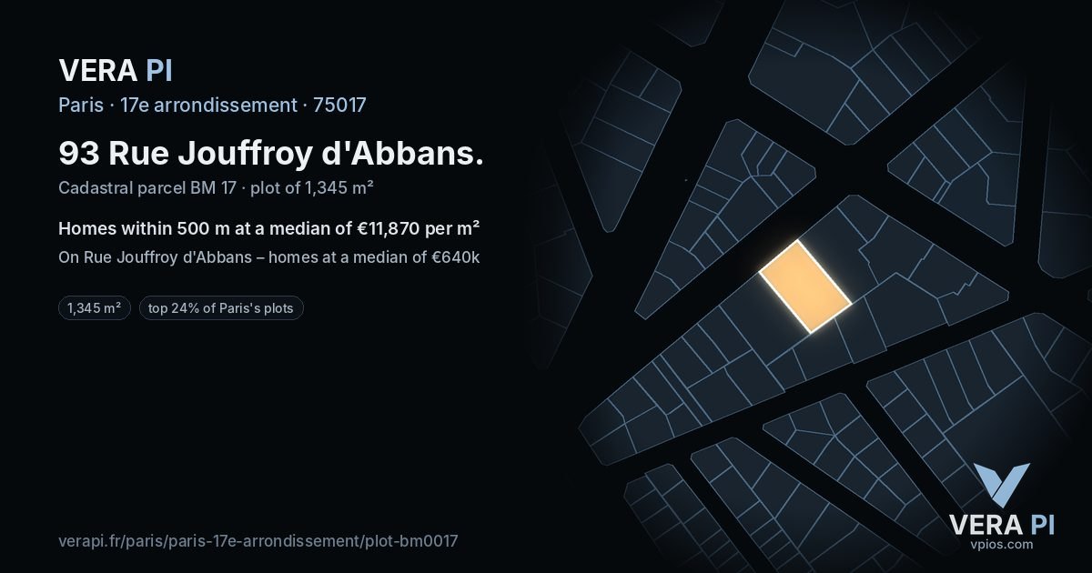93 Rue Jouffroy d'Abbans, 17e arrondissement at night – the plot lit, the parcels around coloured by the prices near them