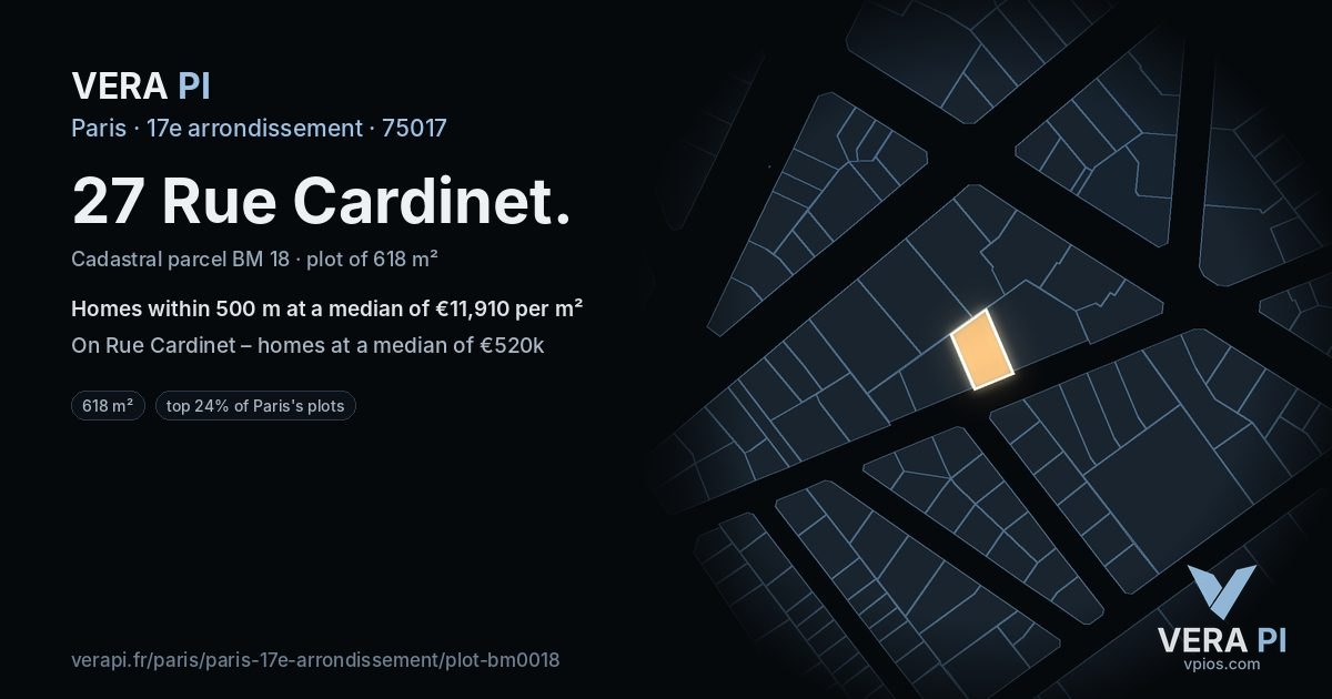27 Rue Cardinet, 17e arrondissement at night – the plot lit, the parcels around coloured by the prices near them