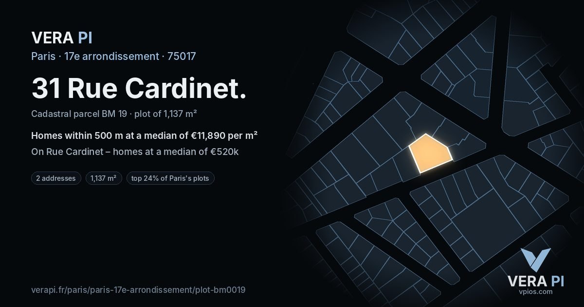 31 Rue Cardinet, 17e arrondissement at night – the plot lit, the parcels around coloured by the prices near them