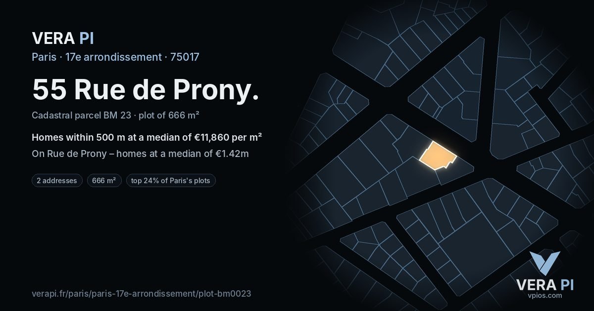 55 Rue de Prony, 17e arrondissement at night – the plot lit, the parcels around coloured by the prices near them