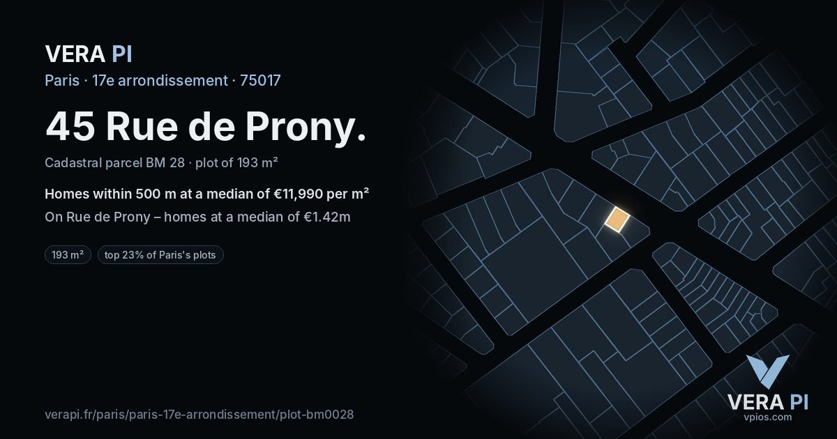 45 Rue de Prony, 17e arrondissement at night – the plot lit, the parcels around coloured by the prices near them