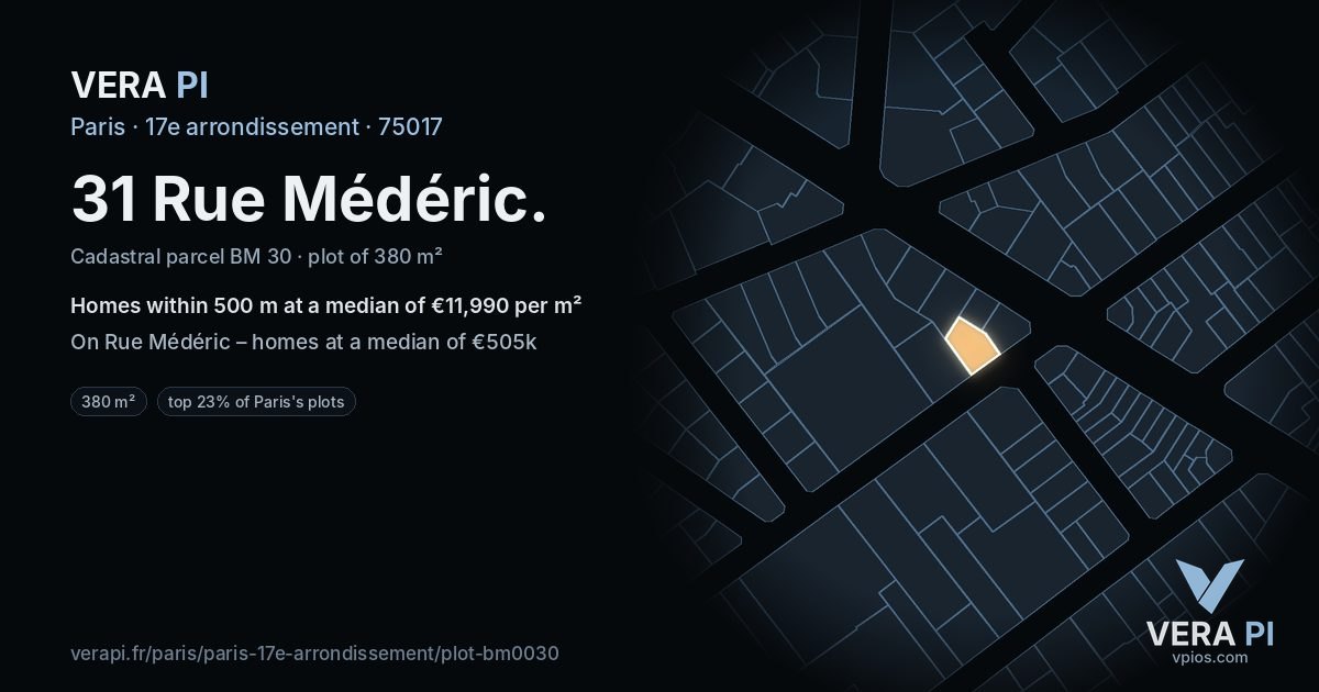 31 Rue Médéric, 17e arrondissement at night – the plot lit, the parcels around coloured by the prices near them