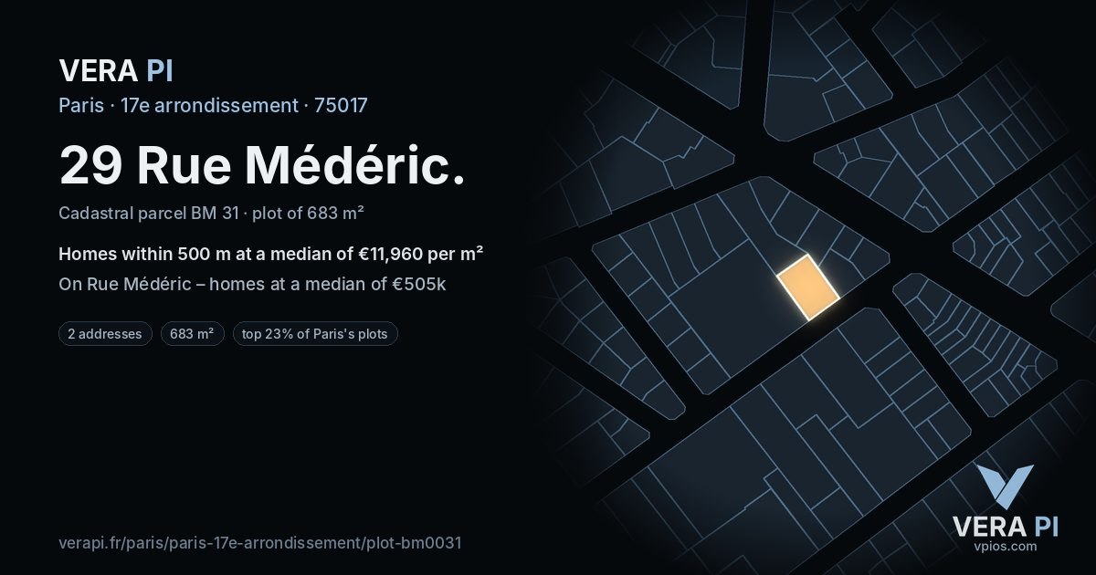 29 Rue Médéric, 17e arrondissement at night – the plot lit, the parcels around coloured by the prices near them
