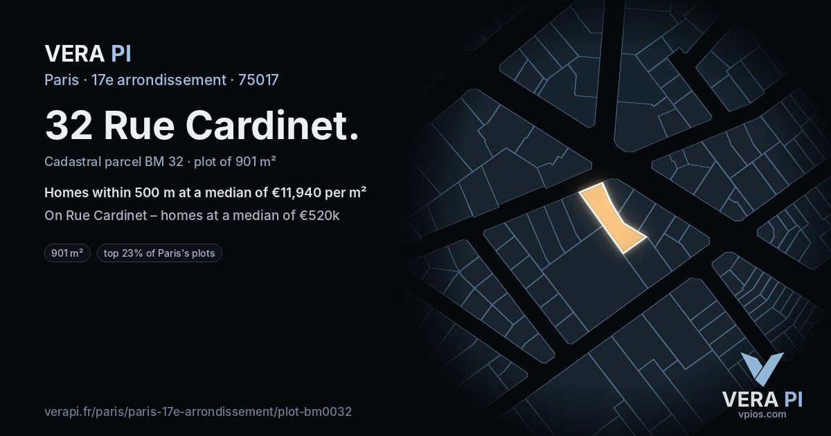 32 Rue Cardinet, 17e arrondissement at night – the plot lit, the parcels around coloured by the prices near them