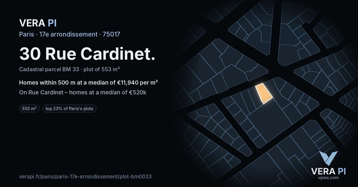 30 Rue Cardinet, 17e arrondissement at night – the plot lit, the parcels around coloured by the prices near them