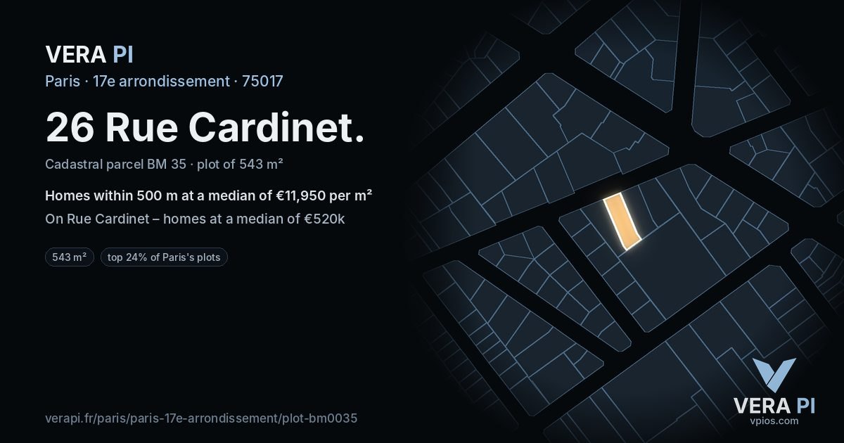 26 Rue Cardinet, 17e arrondissement at night – the plot lit, the parcels around coloured by the prices near them