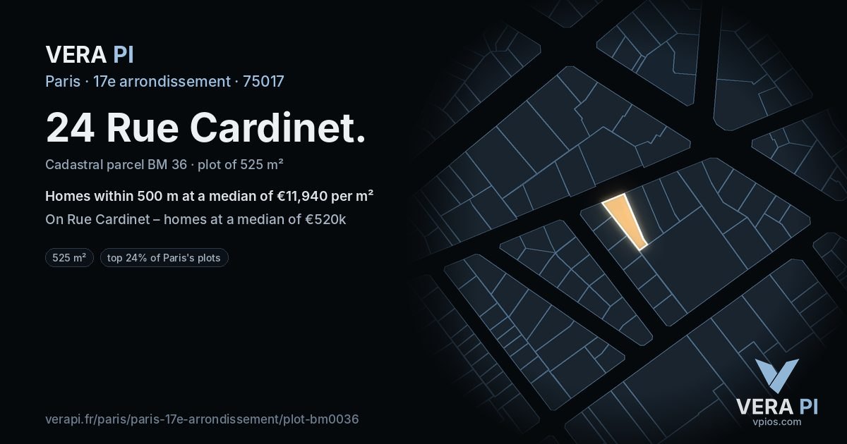24 Rue Cardinet, 17e arrondissement at night – the plot lit, the parcels around coloured by the prices near them