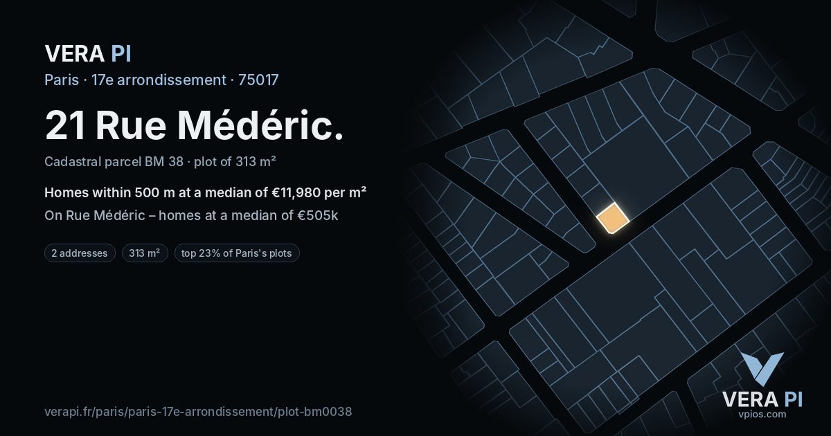 21 Rue Médéric, 17e arrondissement at night – the plot lit, the parcels around coloured by the prices near them