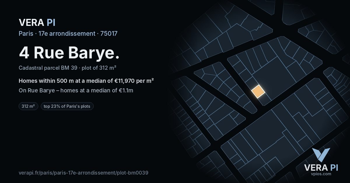 4 Rue Barye, 17e arrondissement at night – the plot lit, the parcels around coloured by the prices near them
