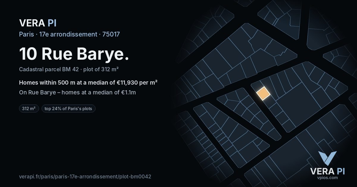 10 Rue Barye, 17e arrondissement at night – the plot lit, the parcels around coloured by the prices near them