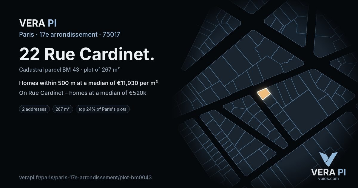 22 Rue Cardinet, 17e arrondissement at night – the plot lit, the parcels around coloured by the prices near them