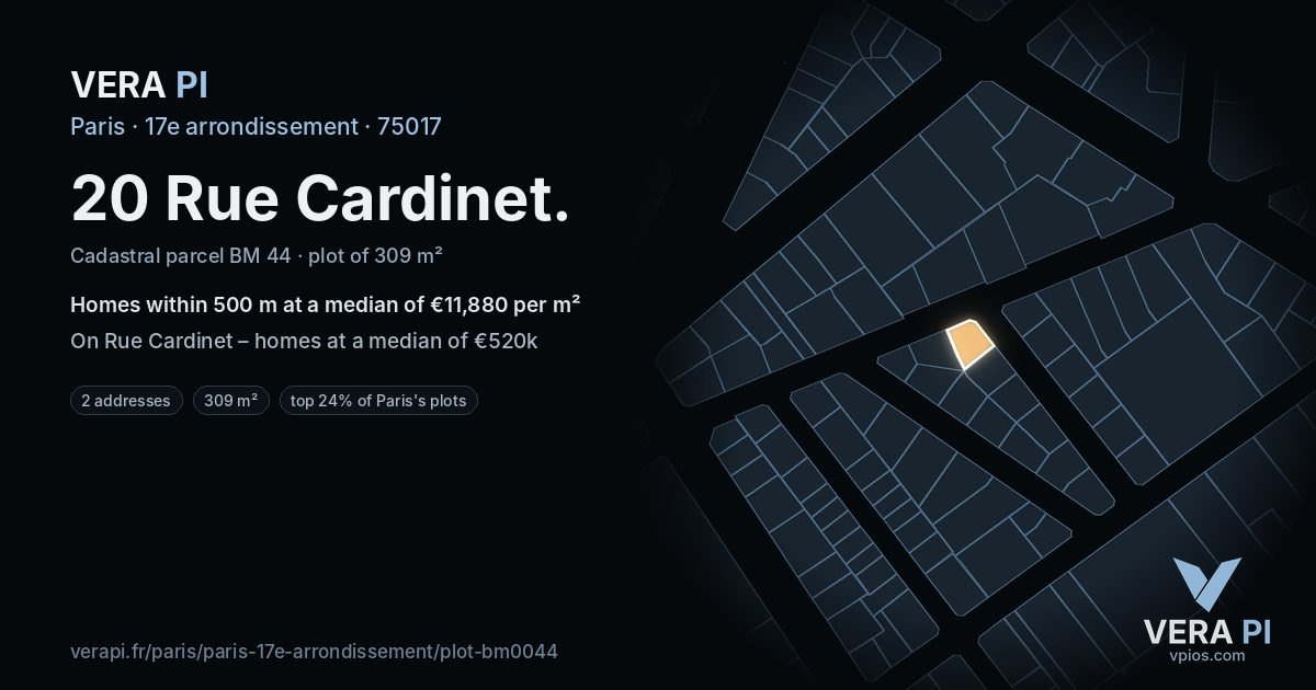 20 Rue Cardinet, 17e arrondissement at night – the plot lit, the parcels around coloured by the prices near them