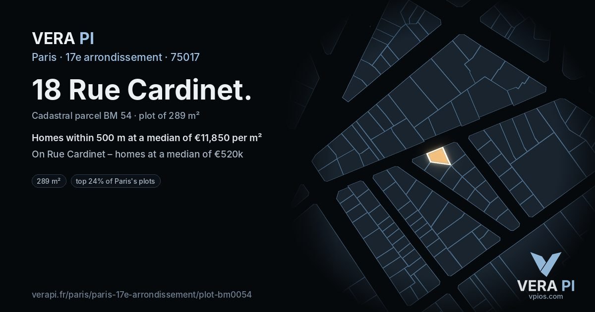 18 Rue Cardinet, 17e arrondissement at night – the plot lit, the parcels around coloured by the prices near them
