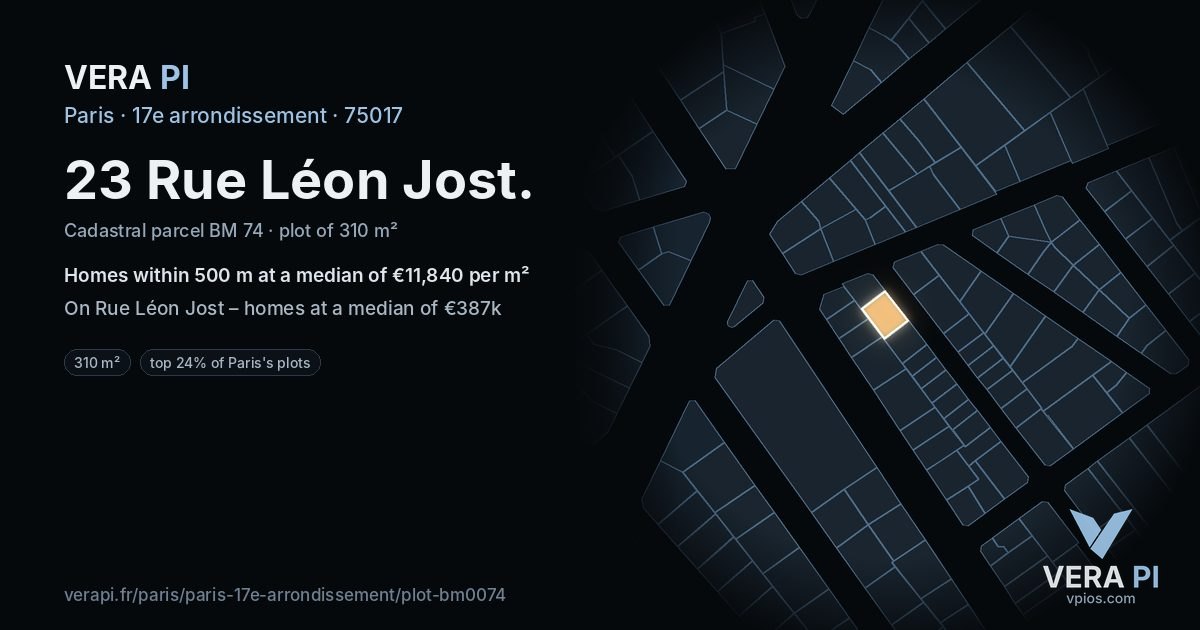 23 Rue Léon Jost, 17e arrondissement at night – the plot lit, the parcels around coloured by the prices near them