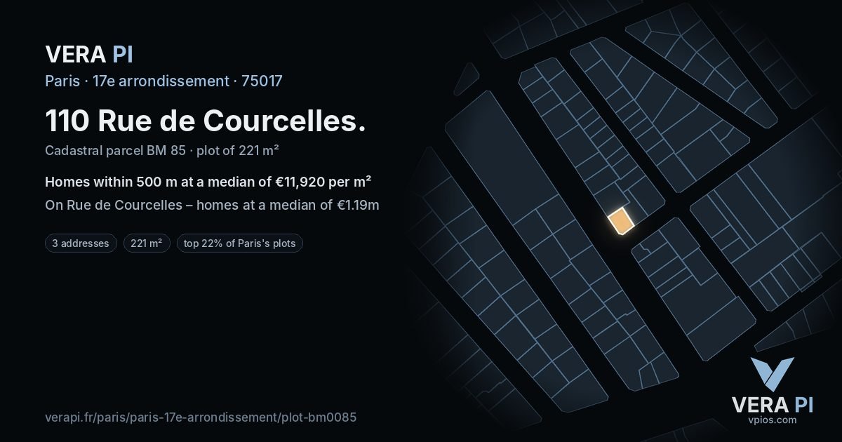 110 Rue de Courcelles, 17e arrondissement at night – the plot lit, the parcels around coloured by the prices near them