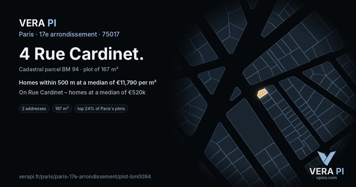 4 Rue Cardinet, 17e arrondissement at night – the plot lit, the parcels around coloured by the prices near them