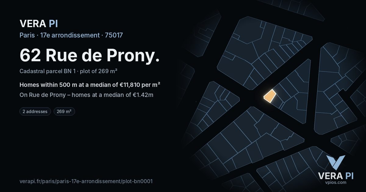 62 Rue de Prony, 17e arrondissement at night – the plot lit, the parcels around coloured by the prices near them