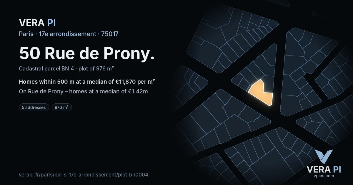 50 Rue de Prony, 17e arrondissement at night – the plot lit, the parcels around coloured by the prices near them