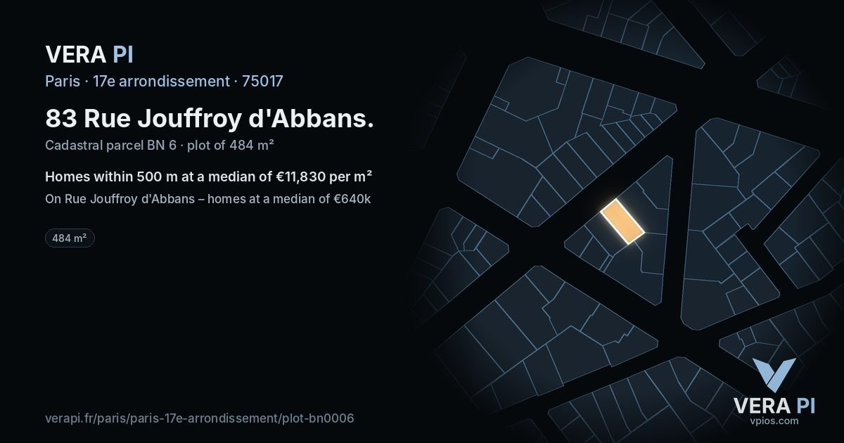 83 Rue Jouffroy d'Abbans, 17e arrondissement at night – the plot lit, the parcels around coloured by the prices near them