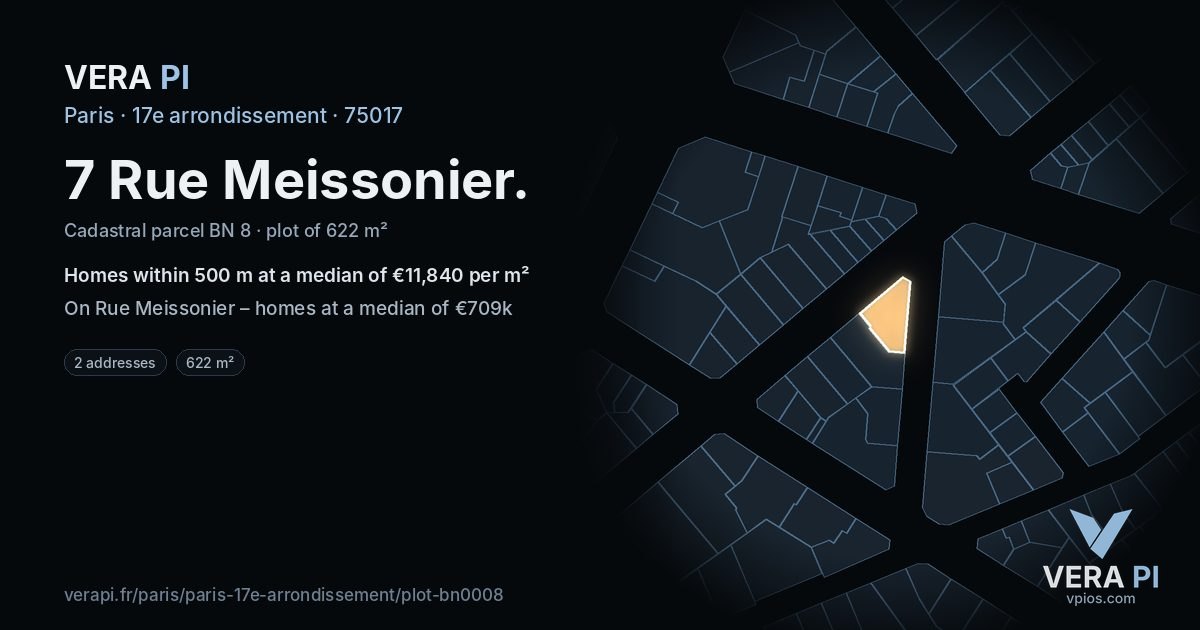 7 Rue Meissonier, 17e arrondissement at night – the plot lit, the parcels around coloured by the prices near them