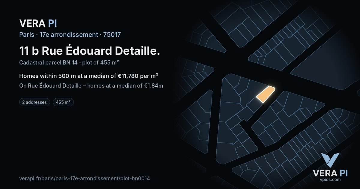 11 b Rue Édouard Detaille, 17e arrondissement at night – the plot lit, the parcels around coloured by the prices near them