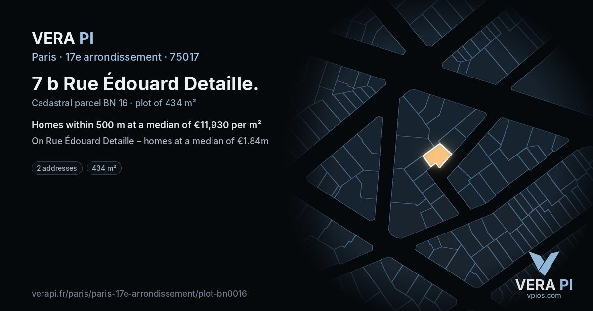 7 b Rue Édouard Detaille, 17e arrondissement at night – the plot lit, the parcels around coloured by the prices near them