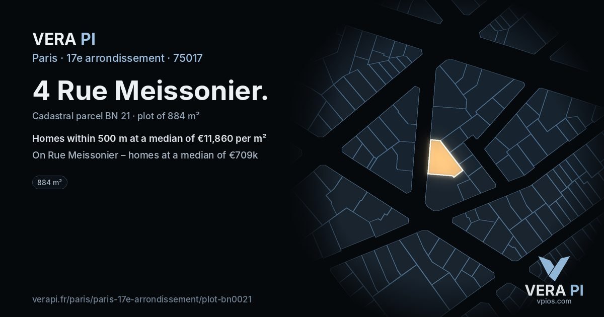 4 Rue Meissonier, 17e arrondissement at night – the plot lit, the parcels around coloured by the prices near them