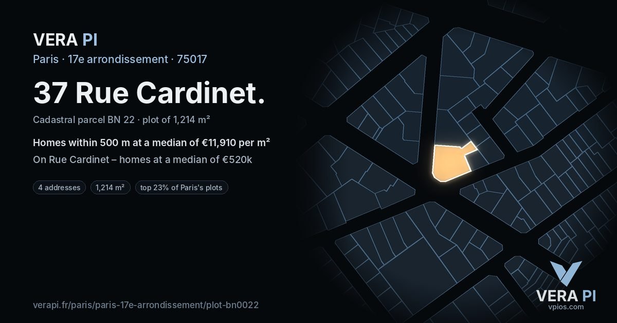 37 Rue Cardinet, 17e arrondissement at night – the plot lit, the parcels around coloured by the prices near them