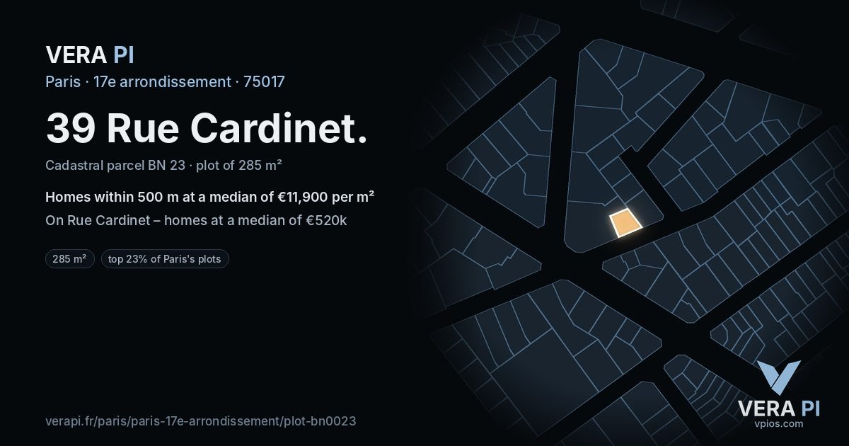 39 Rue Cardinet, 17e arrondissement at night – the plot lit, the parcels around coloured by the prices near them