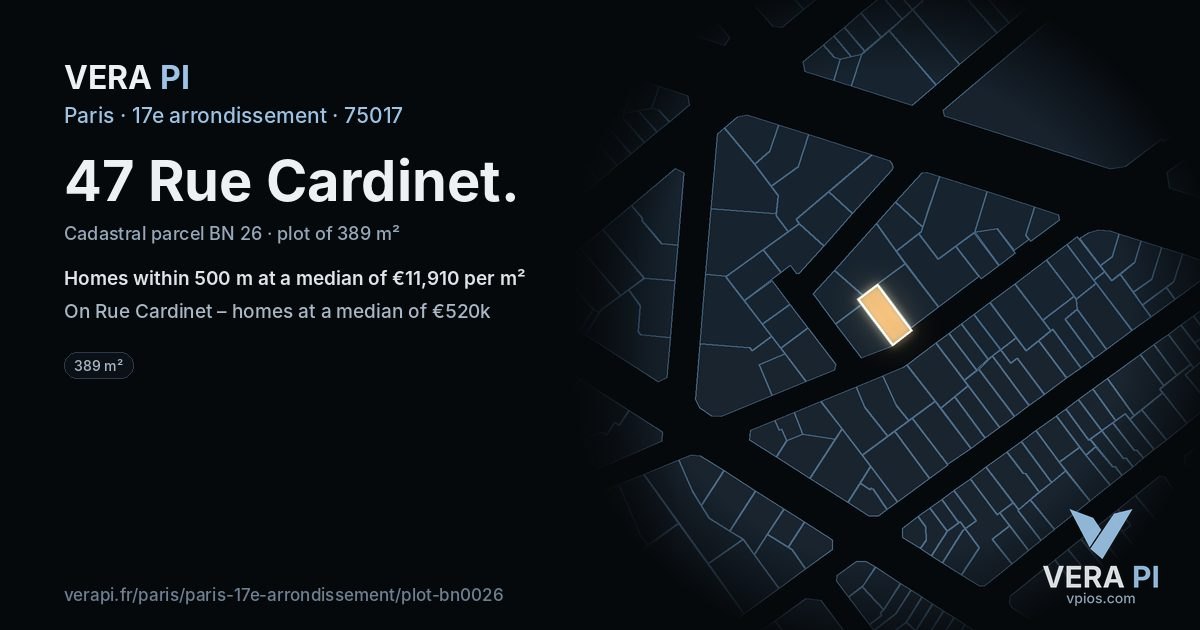 47 Rue Cardinet, 17e arrondissement at night – the plot lit, the parcels around coloured by the prices near them