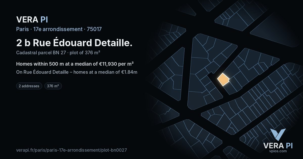 2 b Rue Édouard Detaille, 17e arrondissement at night – the plot lit, the parcels around coloured by the prices near them