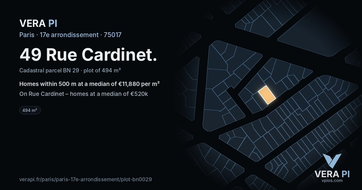 49 Rue Cardinet, 17e arrondissement at night – the plot lit, the parcels around coloured by the prices near them