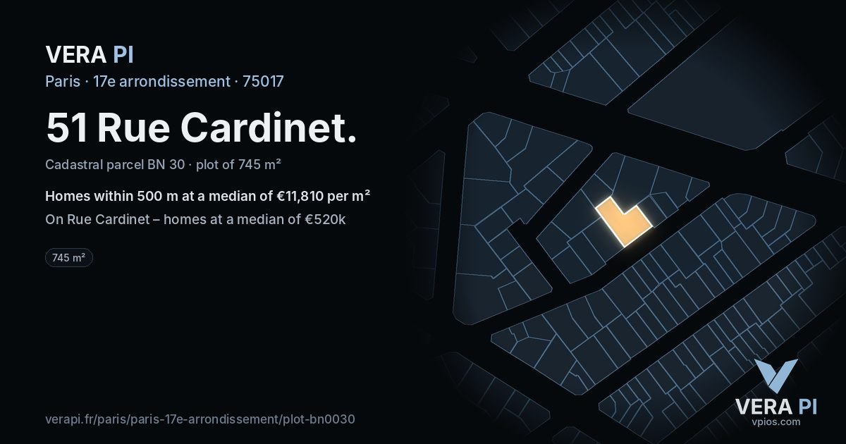 51 Rue Cardinet, 17e arrondissement at night – the plot lit, the parcels around coloured by the prices near them