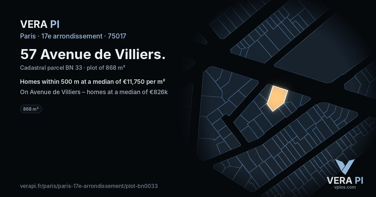 57 Avenue de Villiers, 17e arrondissement at night – the plot lit, the parcels around coloured by the prices near them