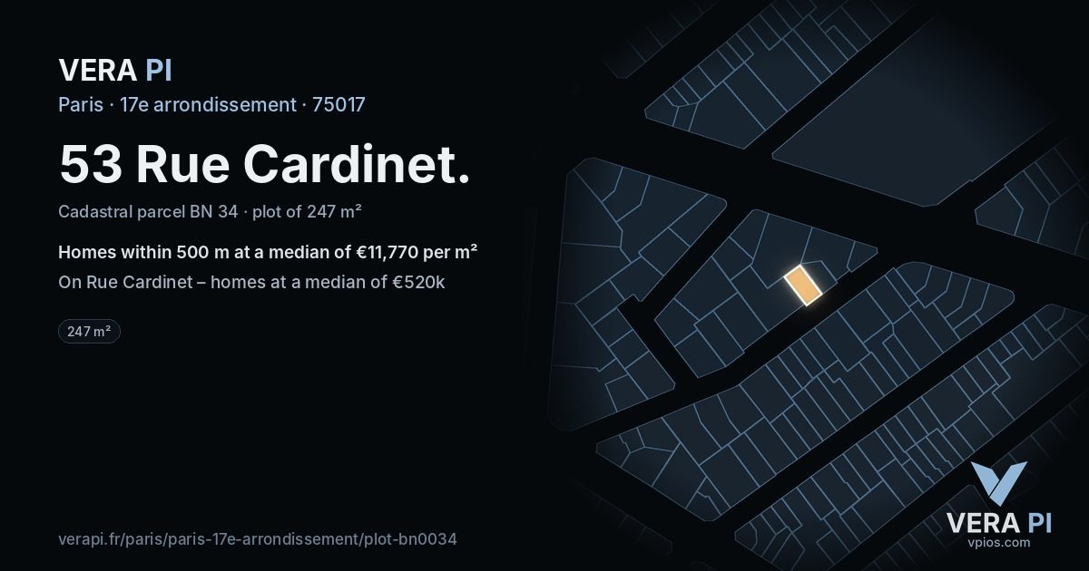 53 Rue Cardinet, 17e arrondissement at night – the plot lit, the parcels around coloured by the prices near them