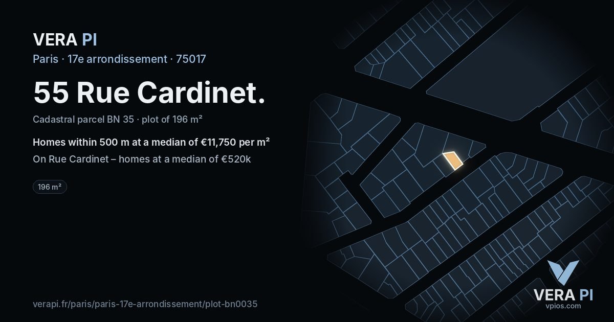 55 Rue Cardinet, 17e arrondissement at night – the plot lit, the parcels around coloured by the prices near them