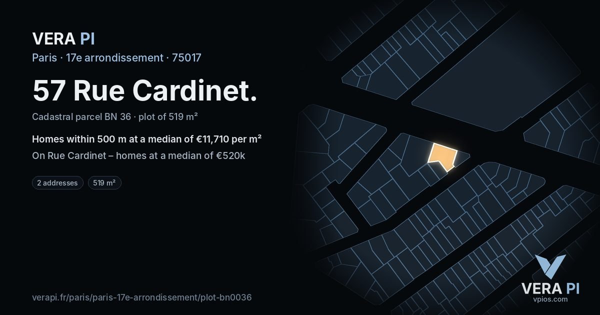57 Rue Cardinet, 17e arrondissement at night – the plot lit, the parcels around coloured by the prices near them