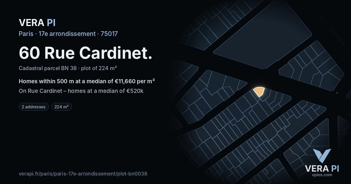 60 Rue Cardinet, 17e arrondissement at night – the plot lit, the parcels around coloured by the prices near them