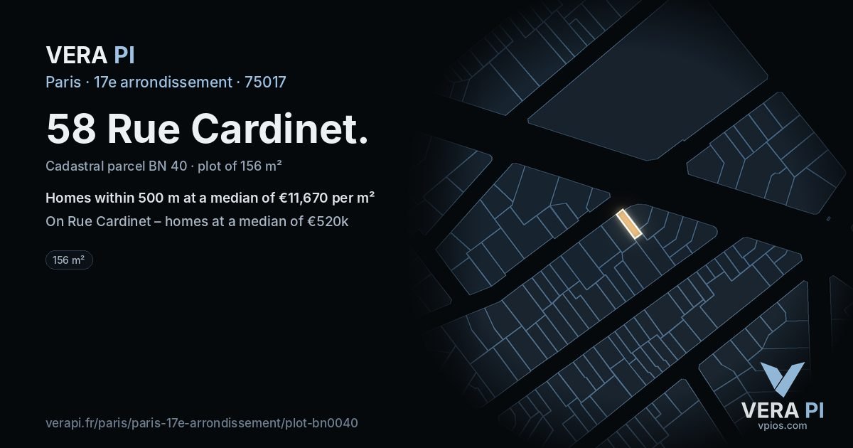 58 Rue Cardinet, 17e arrondissement at night – the plot lit, the parcels around coloured by the prices near them