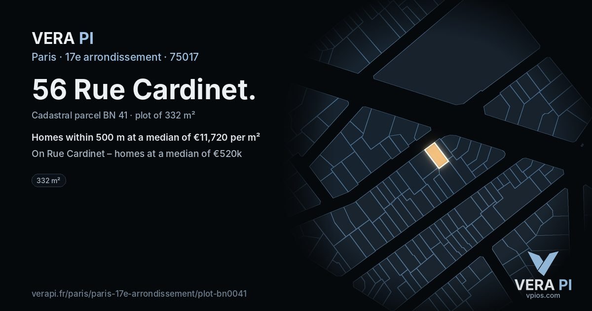 56 Rue Cardinet, 17e arrondissement at night – the plot lit, the parcels around coloured by the prices near them