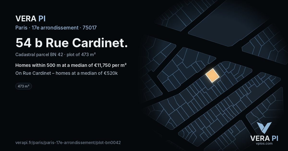 54 b Rue Cardinet, 17e arrondissement at night – the plot lit, the parcels around coloured by the prices near them