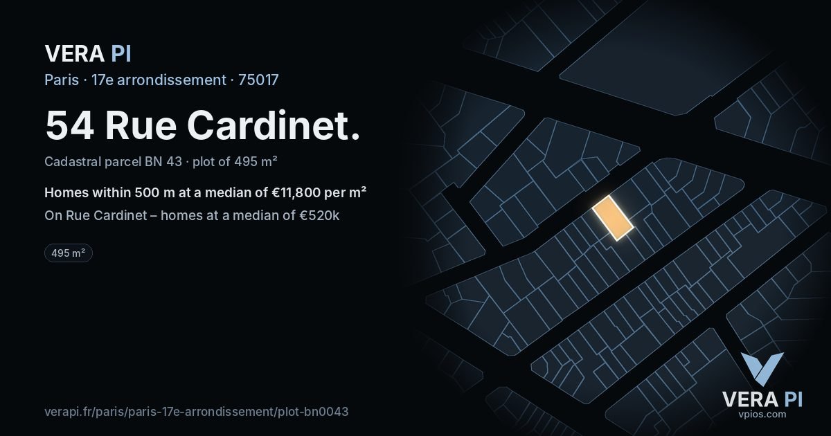 54 Rue Cardinet, 17e arrondissement at night – the plot lit, the parcels around coloured by the prices near them