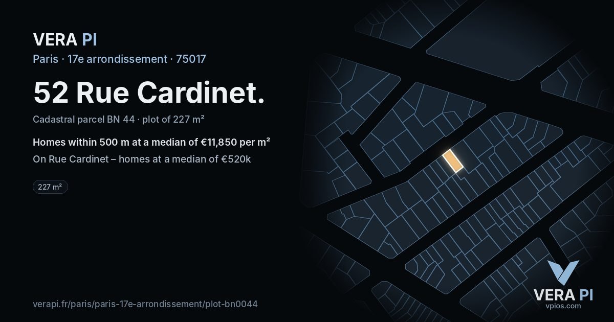 52 Rue Cardinet, 17e arrondissement at night – the plot lit, the parcels around coloured by the prices near them