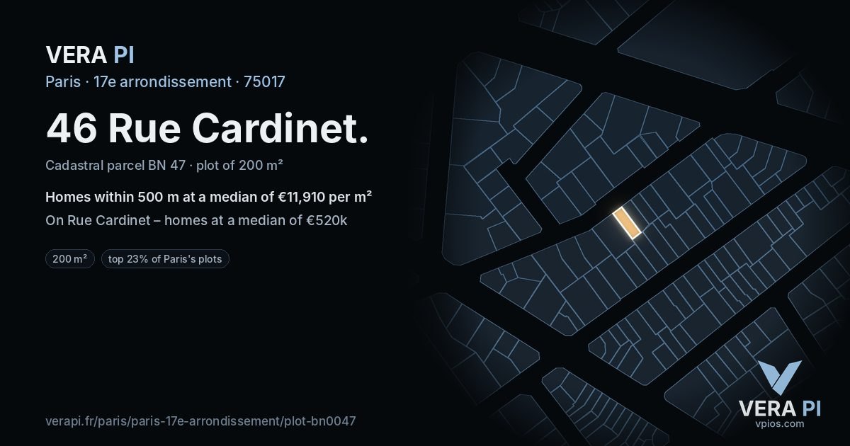 46 Rue Cardinet, 17e arrondissement at night – the plot lit, the parcels around coloured by the prices near them