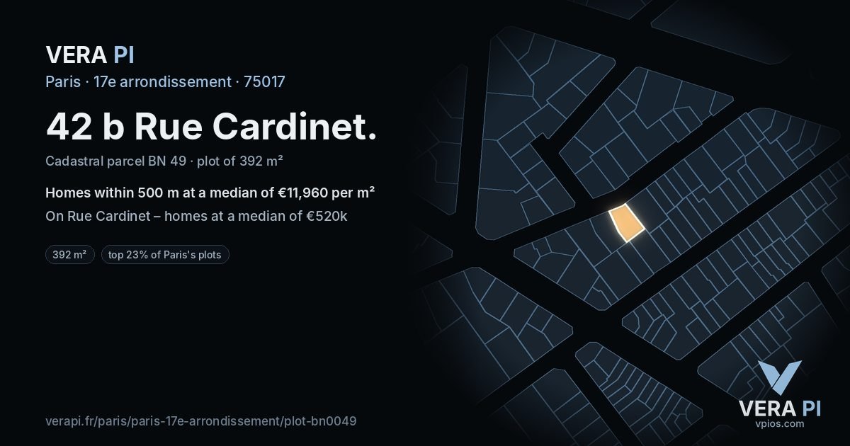 42 b Rue Cardinet, 17e arrondissement at night – the plot lit, the parcels around coloured by the prices near them